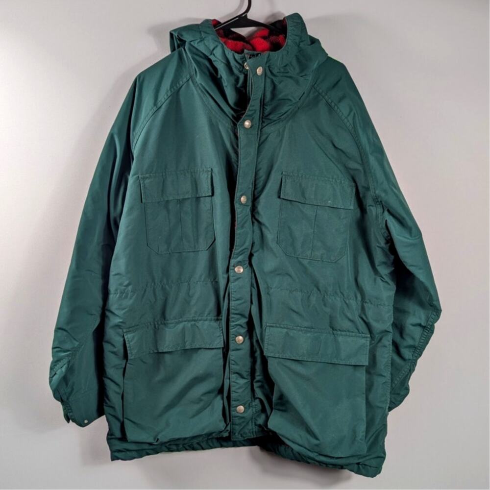 LL Bean Mens L Baxter State Parka Wool Lined Buffalo Plaid Green Hooded USA